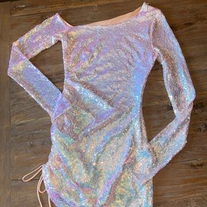 Lucy In The Sky, light pink iridescent, full sequined dress.